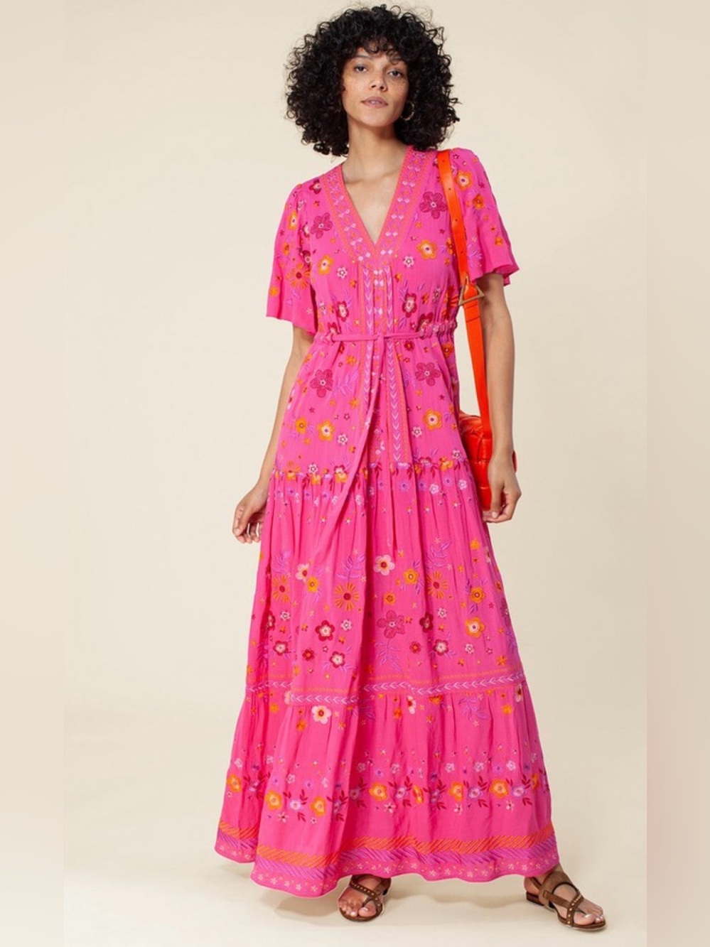 Hale Bob Isannah Embroidered Pink Maxi Dress S Boho Flutter Sleeve V Neck Tiered
